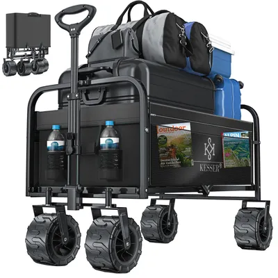 Immagine prodotto di Carretto pieghevole KESSER® con ruote larghe | carrello a mano | carrello da trasporto | carrello per attrezzi | incl. 2 borse a rete | pieghevole | ruote in plastica | portata fino a 150 kg | carrello da trasporto | rimorchio da giardino