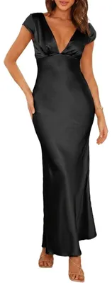 Productafbeelding van Halfisland zomerjurk voor dames, model maxi, van satijn, met V-hals, vleermuizenmouwen en een open rug