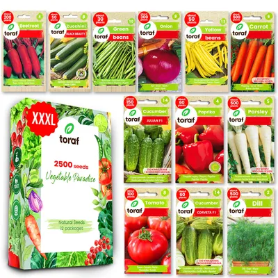 Obrázok produktu pre Toraf Semená zeleniny XXL set 2500 semien 12 druhov paradajky uhorka mrkva cibuľa petržlen fazuľa pre záhradu a balkón