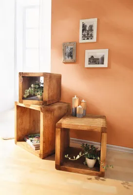 Produktbild von 3 Regale "Geflammt" aus Holz, Würfelregale, Regalset, Cubes