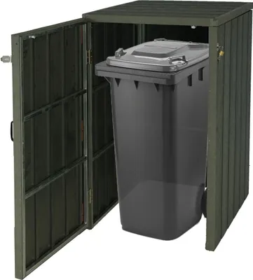 Produktbild von 1er WPC-Mülltonnenverkleidung HWC-J28, Premium Mülltonnenbox, Metall Holzoptik, erweiterbar  grau