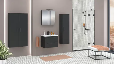 Produktbild von MONTIERT Badmöbel Set mit Waschbecken Keramik NICOLE  60cm SCHWARZ LED SOFTCLOSE Waschtisch Spiegelschrank 3 x Hochschrank