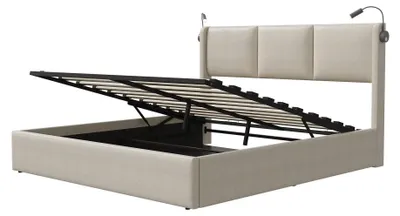 Productafbeelding van Gestoffeerd bedframe - 160 x 200 cm - Hydraulische opbergruimte - Lattenbodem - 2 leeslampen met USB-oplaadfunctie - Zonder matras - Beige