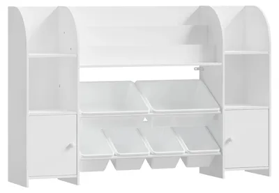 Produktbild von Kinderbücherregal - Spielzeug-Organizer - 3 Ebenen - 2 Schränke - 6 Aufbewahrungsboxen - 10 Fächer - 135,8 x 29,8 x 90 cm - Weiß