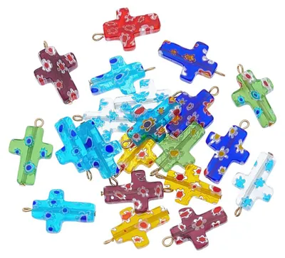 Image de Pendentifs en forme de croix, réalisés en verre lampwork, avec motifs floraux et boucle de fixation. Idéaux pour la création de bijoux. Lot de 21 pièces, 20 mm, couleurs variées