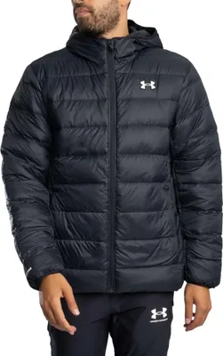 A man wearing a black hooded puffer jacket.