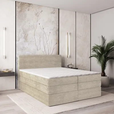 Produktbild von Masseno Boxspringbett LUNERA 180x200 cm Komplett-Set mit Bonell Matratze und Topper, Polsterbett mit Bettkästen -Creme, TILIA 03