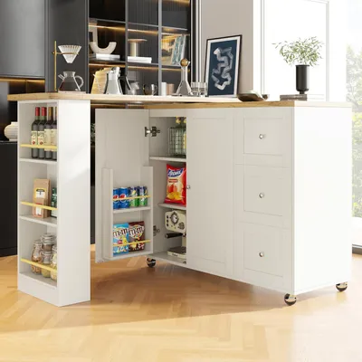 Immagine prodotto di Tavolino allungabile con vano contenitore, 3 cassetti, girevole, con rotelle, bianco