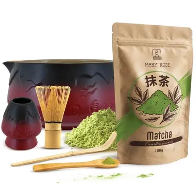 Produktbild von Mary Rose - Matcha Tee Set 100g - Pulver Grüner Tee - Keramik Rote Mountain Matchawan Schale 450ml, Kusenaoshi Besenhalter - Bambus Chasen Besen