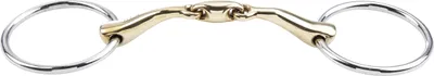 A close-up studio shot of a horse bit on a white background.