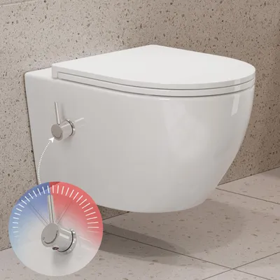 Produktbild von HOROW Dusch WC mit Integrierter Düse, Spülrandlos Hänge WC mit Bidet Funktion, Taharet WC mit Absenkautomatik WC Sitz, Kalt-Warm Wasser, 49x36x36 cm