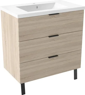 Image de Acezanble Meuble Salle de Bain Chêne Mat, 79x46x85cm - 3  Tiroirs et Vasque, MDF
