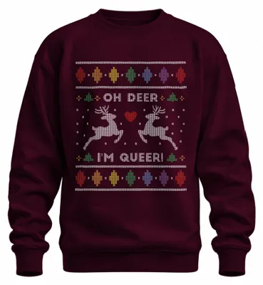 Imagen del producto de Oh, ¡qué ciervo! Soy queer. Ropa navideña LGBTQ. Suéter navideño "feo". Suéter navideño uni, color burdeos, talla L