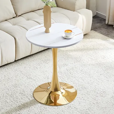 Produktbild von Runder Beistelltisch Ø60cm – kleiner Esstisch aus MDF, weiße Maserungsoptik, goldener Stützfuß, Thermoform-Technologie, perfekt für europäische Wohnräume, Gold/Weiß