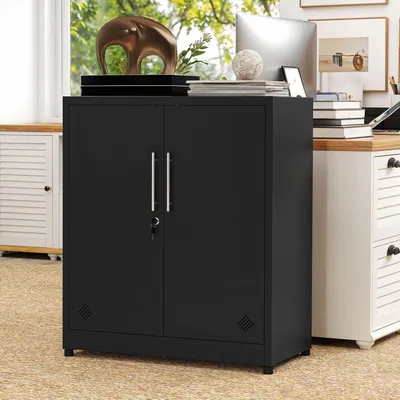 Produktbild von Büroschrank mit 2 Fächern, Aktenschrank Abschließbar mit Schlüssel, Metallschrank, 80 x 40 x 90cm, Schwarz