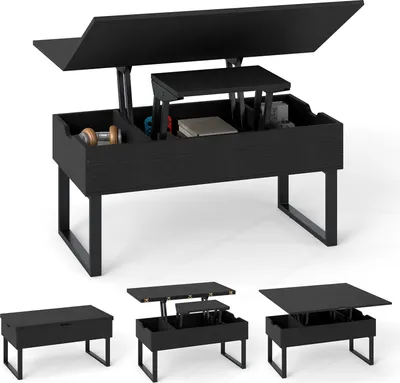 Produktbild von COSTWAY Couchtisch Höhenverstellbar, 3 in 1 Wohnzimmertisch mit 3 versteckten Fächern, Kaffeetisch umwandelbar in Esstisch, Holz Sofatisch, Schwarz