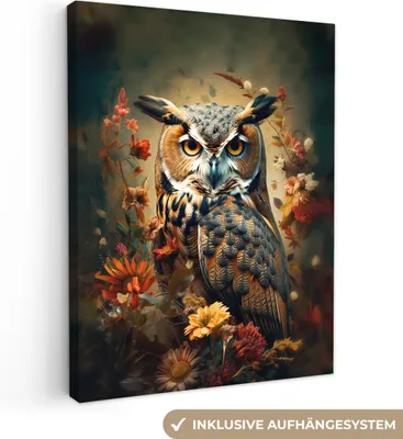 Produktbild von MuchoWow® - Leinwandbilder - Eule - Vogel - Blumen - Botanisch, Wandbild, Wanddeko Bilder Wohnzimmer, 90x120 cm