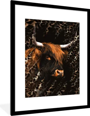 Produktbild von MuchoWow® Gerahmtes Poster Schottischer Highlander - Pantherdruck - Kuh 60x80 cm - Poster mit Schwarzem Bilderrahmen Wandposter Rahmen Foto Bilder - Wohnzimmer - Dekorationen - Prämie