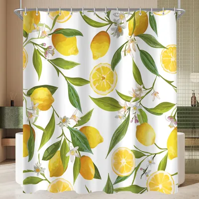Produktbild von Duschvorhang 240x180cm mit Zitronenblattmuster, beschwertem Saum, schimmelresistent, wasserabweisend, waschbar, Polyester, mit 16 Ringen und Ösen für Badezimmer und Badewanne.
