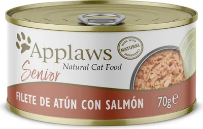 Imagen del producto de APPLAWS, alimento húmedo para gatos senior, sabor a atún y salmón, 24 latas de 70 gramos