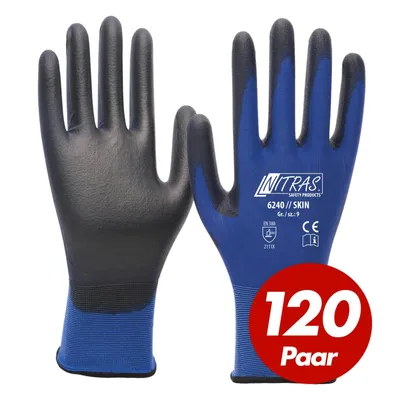 Produktbild von NITRAS 6240 Skin Nylon-Strickhandschuhe mit PolyurethanBeschichtung, Feinmontage, Touchscreen geeignet - 120 Paar Größe:8