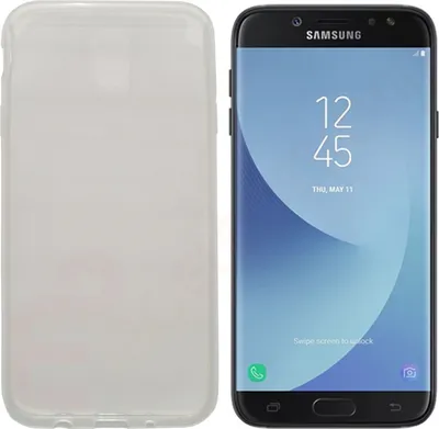 A transparent phone case and a Samsung smartphone are displayed side-by-side.