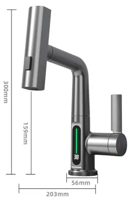 Produktbild von Wasserfall Küchenarmatur - Wandmontage Einhebelmischer - Ausziehbare Brause - Digitale Temperaturanzeige - Heiß Kalt Wasserhahn - Poliertes Messing - Grau