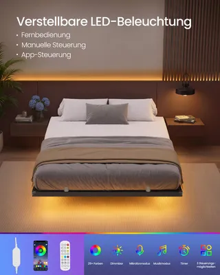Produktbild von VASAGLE Bettgestell 140 x 200 cm mit LED-Beleuchtung, USB-C-Anschluss, Steckdosenleiste, Schlafzimmer, trägt bis 500 kg, schwarz