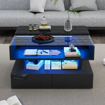 Produktbild von MODFU Höhenverstellbarer Couchtisch Beistelltisch mit verstecktem Stauraum, Hochglanz Sofatisch mit 2 Schubladen und LED-Beleuchtung, Schwarz