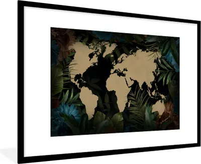 Produktbild von MuchoWow® MuchoWow® Gerahmtes Poster Weltkarte - Tropische Pflanzen - Blätter 90x60 cm - Poster mit zchwarzem Bilderrahmen - Wanddekoration - Fotos