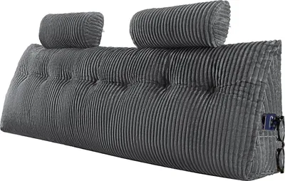 Produktbild von Kopfteilkissen - Bettkeilkissen Lesekissen - Maße 192 x 20,5 x 53 cm - Seitentaschen & Kopfstützen - Waschbarer Flanellbezug - Ergonomische Rückenstütze - Lesen & Arbeiten - Grau