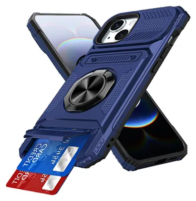Produktbild von Dual Layer Hülle für iPhone 14 Plus /iPhone 15 Plus mit Kartenhalter, Magnetische Ring Ständer Militärschutz Stoßfeste Handyhülle Blau