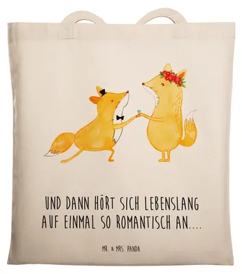 Produktbild von Mr. & Mrs. Panda Jutebeutel Füchse Hochzeit - Transparent - Geschenk, Laptoptasche, Stoffbeutel, Tote Bag, Shopping Tasche, Hochzeitskarte