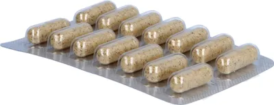 A blister pack of capsules on a white background.