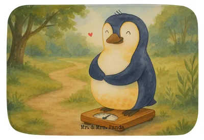 Produktbild von Mr. & Mrs. Panda Teppich Fürs Bad Pinguin Diät Design - Weiß - Geschenk, Badezimmer Matte, Badläufer, Badezimmerteppich, Badematte, Gewicht, Bierbauch, Badvorleger, Bauch