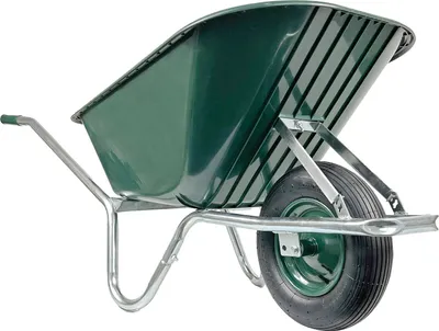 A green wheelbarrow with a black tire and a galvanized metal frame, shown from a side-diagonal angle against a white background.