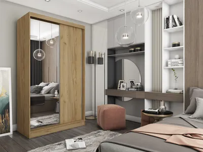 Produktbild von Masseno Schiebetürenschrank PATRIZIA 150 cm Kleiderschrank Schlafzimmer Schrank 2-türig mit Spiegel Eiche Artisan
