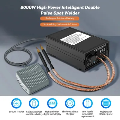 Obrázok produktu pre Ručné bodové zváračské zariadenie – bodový zvárač na batérie – 8000 W – nastaviteľný prúd 0–1200 A – vhodné pre batérie 18650 – čierna farba
