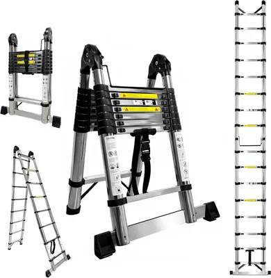 Image de Échelle télescopique en acier inoxydable Brsheco, échelle pliante de 5 m (2,5 + 2,5 m), échelle extensible 2-en-1, multifonctionnelle, avec stabilisateur