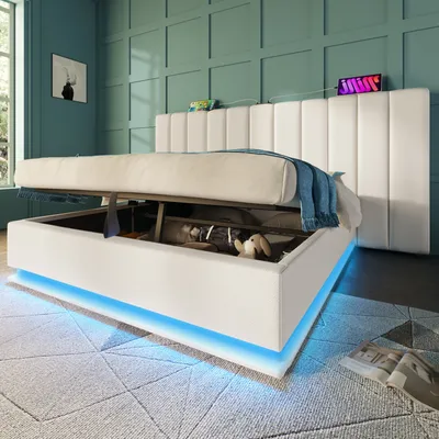 Produktbild von Flieks Hydraulisches Polsterbett 180x200cm mit Ladefunktion, Doppelbett Boxspringbett Jugendbett mit LED, Stauraumbett mit Lattenrost, PU, Weiß