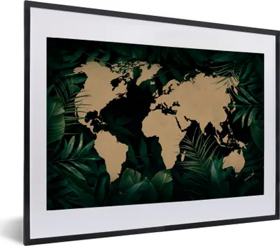 Produktbild von MuchoWow® MuchoWow® Gerahmtes Poster Weltkarte - Pflanzen - Tropische Pflanzen 60x40 cm - Poster mit zchwarzem Bilderrahmen - Schlafzimmer - Plakat in Rahmen - Drucken