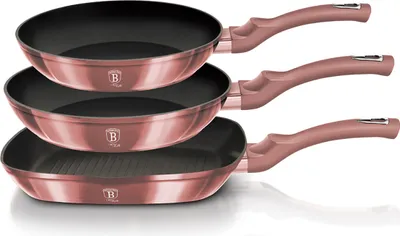 Zdjęcie produktu dla Berlinger Haus I-Rose zestaw patelnia + patelnia grillowa 20-24-28cm indukcja aluminium nieprzywierająca powłoka różowy