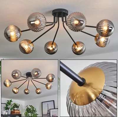 Produktbild von Isorella Deckenlampe aus Metall/Riffelglas in Schwarz/Goldfarben/Rauchfarben