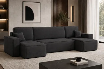 Produktbild von Kaiser Möbel Ecksofa U-Form mit Schlaffunktion und Bettkasten, Veloursstoff Bluvel, Schwarz, BEST U