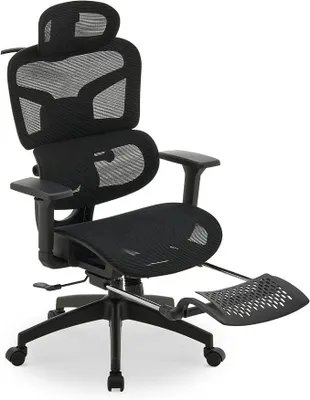 Produktbild von Ergonomischer Bürostuhl mit Fußstütze,Verstellbarer Schreibtischstuhl mit Lordosenstütze und Kopfstütze,150kg Tragkraft für Homeoffice,Gaming,Schwarz
