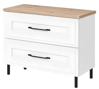 Immagine prodotto di Mobile bagno a pavimento, altezza 80 cm, ante a listelli di 19 mm, bianco e impiallacciatura in rovere chiaro, maniglie disponibili in due colori, dimensioni 80 x 46 x 73,6 cm, Immagine generata dall'IA