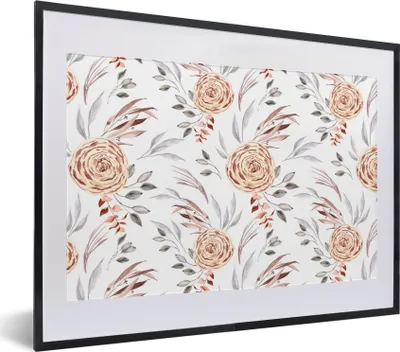 Produktbild von MuchoWow® Gerahmtes Poster Rosen - Blätter - Weiß 40x30 cm - Poster mit Schwarzem Bilderrahmen Wandposter Rahmen Foto Bilder - Bilderrahmen - Poster im Rahmen