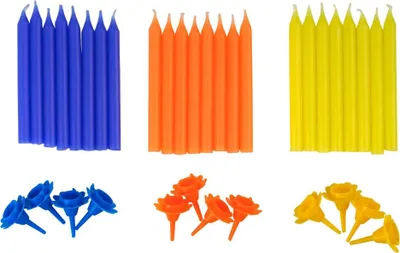 Three sets of birthday candles in blue, orange, and yellow, with corresponding candle holders below.