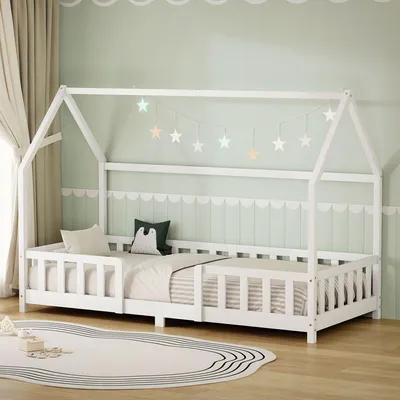 Produktbild von ML-Design Kinderbett 90x200cm mit Rausfallschutz, Dach & Lattenrost Weiß Montessori Bodenbett aus massivem Kiefernholz Hausbett für Mädchen & Jungen