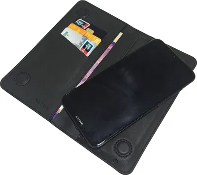 A black wallet-style phone case with a phone and cards inside, shown from a diagonal top-down view against a white background.